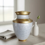 Load image into Gallery viewer, SOULURNS Pearl White Cremation Urn for Human Ashes – Elegant Scalloped Enamel Urn with Gold Embossed Band, Large Adult Funeral Urn