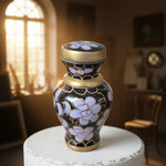 Load image into Gallery viewer, SOULURNS Mini Keepsake Urn for Human Ashes – Black Cloisonné Floral Urn with Gold Accents, Small Enamel Memorial Urn, 3 Cubic Inch, Includes Free Velvet Pouch