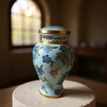 Load image into Gallery viewer, SOULURNS Blue Floral Hand-Painted Cloisonné Cremation Urn for Human Ashes – Elegant Forget-Me-Not Flower Memorial Urn with Gold Trim, Large Adult Funeral Urn