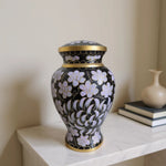 Load image into Gallery viewer, SOULURNS Large Cremation Urn for Human Ashes Adult – Black Cloisonné Floral Urn with Gold Accents, Enamel Coated Aluminium Memorial Urn, Holds Up to 198 lbs, Elegant Decorative Urn