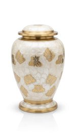 Load image into Gallery viewer, SOULURNS Pearl White Brass Cremation Urn for Human Ashes with Golden Butterfly – Adult Memorial Funeral Urn, 200 Cubic Inches, Velvet Bag Included