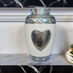 Load image into Gallery viewer, SOULURNS Large Cremation Urn for Human Ashes Adult – White Enamel Memorial Urn with Engraved Silver Heart Design, Celtic Trim Bands, Threaded Lid, Funeral Urn for Mom, Wife, Daughter