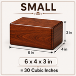Load image into Gallery viewer, Wooden urn with dimensions 6 x 4 x 3 inch labeled as 'Small' on a white background which can hold 30 cubic inches of ashes which is equivalent to 30 Lbs generally used to ashes of pets.