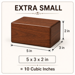 Load image into Gallery viewer, Wooden urn with dimensions 5 x 3 x 2 inch labeled as 'Extra Small' on a white background which can hold 10 cubic inches of ashes which is equivalent to 10 Lbs
