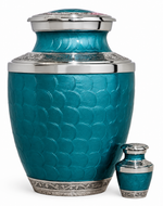Load image into Gallery viewer, Teal Fish-Scale Cremation Urn for Human Ashes – Large Adult Funeral Urn, 10 Inch Aluminium Urn with Nickel Bands