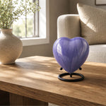 Load image into Gallery viewer, SOULURNS Heart Keepsake Urn for Ashes – Lavender Purple Crackle Enamel Heart Cremation Urn with Display Stand, Small Memorial Urn, Threaded Base, Solid Aluminium
