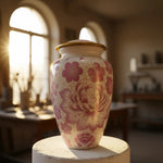 Load image into Gallery viewer, SOULURNS Cloisonné Cremation Urn for Human Ashes – Adult Urn with Pink Floral Design, Hand-Painted Enamel, Solid Aluminum, Gold Accents, Threaded Lid, Felt-Lined Base, Velvet Pouch Included, Holds Up to 200 lbs (90kg), 3.3L