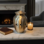 Load image into Gallery viewer, SOULURNS Pet Cremation Urn for Dog & Cat Ashes – Solid Brass Memorial Urn with Paw Print Design, Bronze Finish, Threaded Lid, Holds Pets up to 50 lbs (23kg), 0.85L Keepsake Urn for Ashes