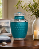 Load image into Gallery viewer, Teal Fish-Scale Cremation Urn for Human Ashes – Large Adult Funeral Urn, 10 Inch Aluminium Urn with Nickel Bands