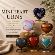 Heart-shaped urns collection featuring large and keepsake memorial urns for ashes, crafted as a loving tribute to cherished family members and pets.