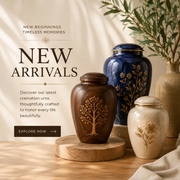 New arrivals cremation urn collection featuring handcrafted wooden, ceramic, and decorative memorial urns for honoring loved ones.