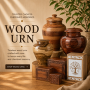  Collection of wooden cremation urns including adult urns, memorial urns, and personalized wooden urns.