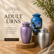A diverse collection of large adult cremation urns crafted from brass, aluminum, polished rosewood, natural marble, glass, fine porcelain, and eco-friendly biodegradable materials.