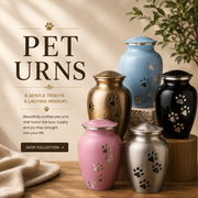 Pet cremation urns collection featuring handcrafted memorial urns for dogs, cats, and beloved pets.