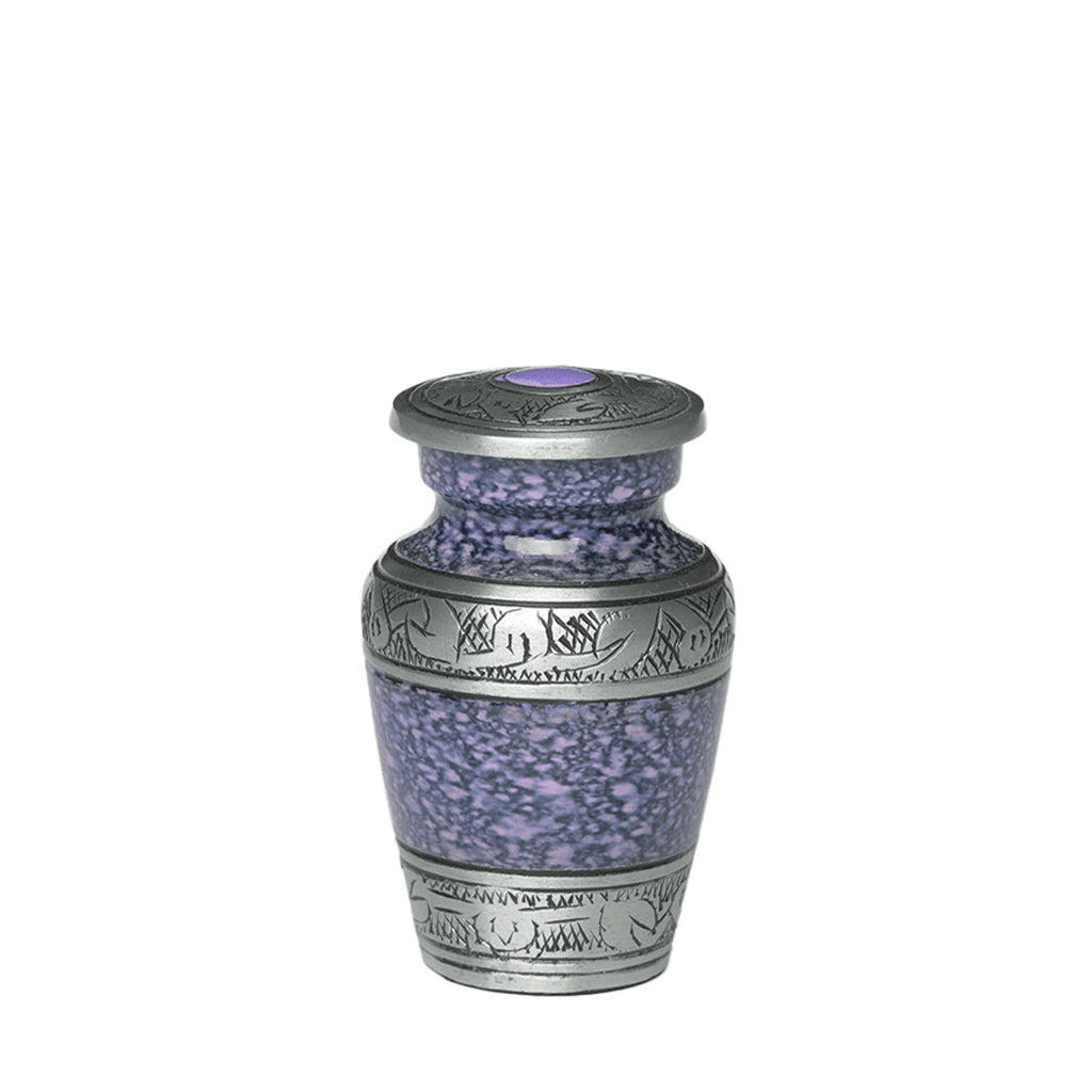 Mini Cremation Urn for Human Ashes – Purple Marble Finish with Engraved Pewter Bands & Gemstone Lid – 3 Cu In, Set of 10