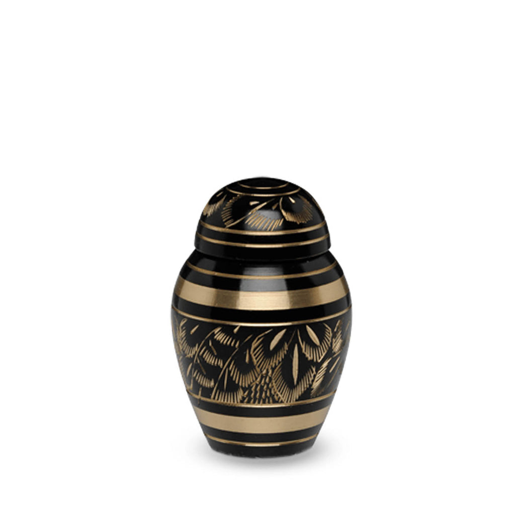 Mini Cremation Urn for Human Ashes –  Black & Gold Finish with Engraved Feather Design – 3 Cu In, Set of 10