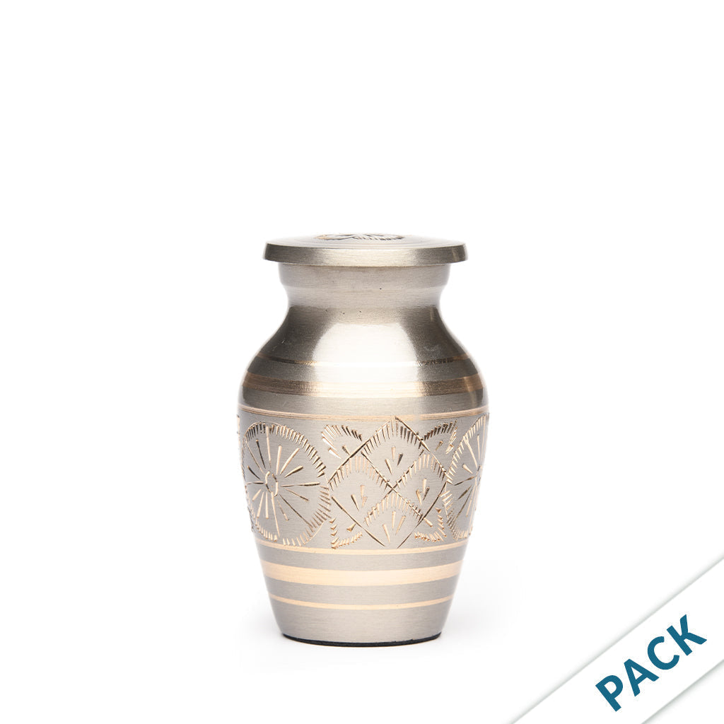 Mini Cremation Urns for Human Ashes (Pack of 10) - 2.75" Small Keepsake Urns with Engraved Floral Design, Silver Brass Memorial Urn Set for Sharing Ashes