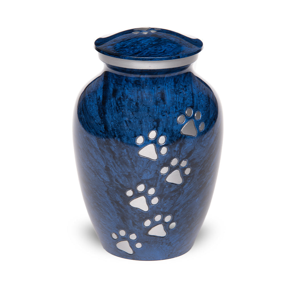 Large Pet Urn for Dog Ashes - 8.75" Blue Marble Cloisonne Style Cremation Urn with Silver Paw Prints, Memorial Ashes Holder for Large Extra Large Dogs & Cats, 120 Cu.In
