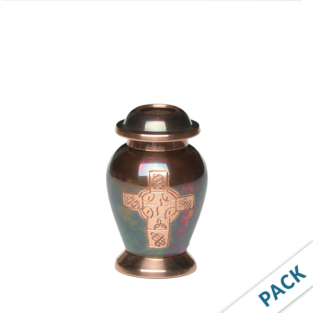 SOULURNS Rose Engraved Mini Keepsake Cremation Urn Set of 10 – Iridescent Bronze Small Urn for Human & Pet Ashes, 3 Cu In Memorial Urn, Domed Lid, Rainbow Patina Finish, Sharing Urns Bulk Pack