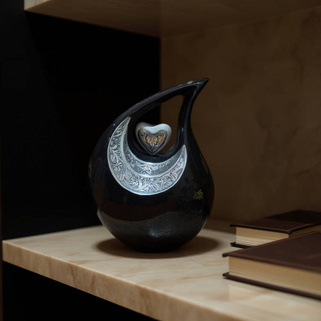 SOULURNS Keepsake Cremation Urn for Human Ashes – Glossy Black Enamel Teardrop Urn with Silver Embossed Crescent & Heart Cutout Design, Decorative Small Memorial Urn, 26cm, Holds Up to 2L, Handcrafted Aluminium