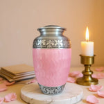 Load image into Gallery viewer, SOULURNS Large Cremation Urn for Human Ashes Adult – Pink Pearl Memorial Urn with Engraved Silver Floral Bands, Threaded Lid, Funeral Urn for Women, Mom, Grandmother, Daughter