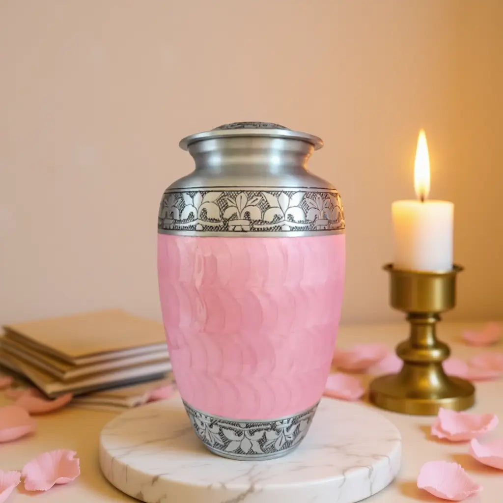 SOULURNS Large Cremation Urn for Human Ashes Adult – Pink Pearl Memorial Urn with Engraved Silver Floral Bands, Threaded Lid, Funeral Urn for Women, Mom, Grandmother, Daughter