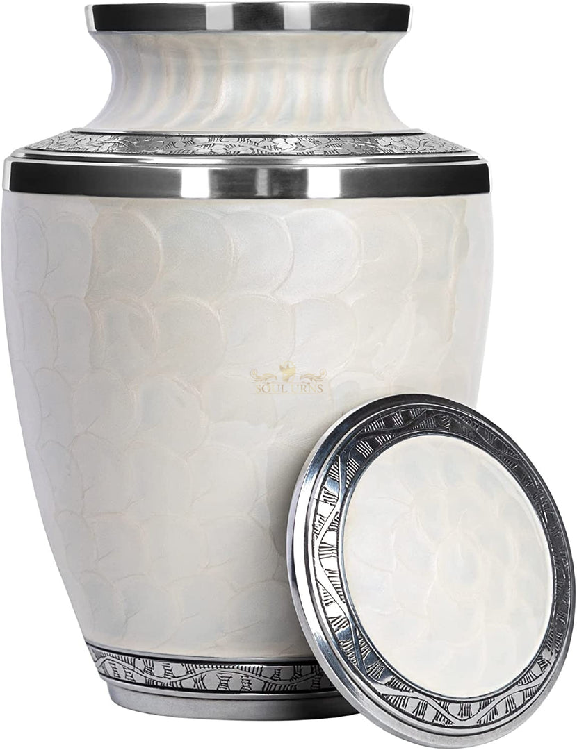 SOULURNS Pearl White Cremation Urn for Human Ashes – Elegant Scalloped Enamel Urn with Embossed Band, Large Adult Funeral Urn