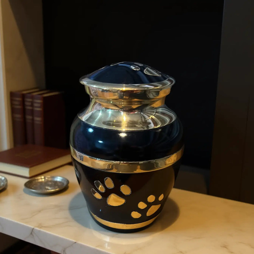 SOULURNS  Pet Cremation Urn for Dog & Cat Ashes – Solid Brass Memorial Urn, Black & Gold Paw Print Design,  Holds Pets up to 50 lbs (23kg), 0.85L