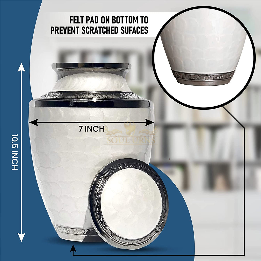 SOULURNS Pearl White Cremation Urn for Human Ashes – Elegant Scalloped Enamel Urn with Embossed Band, Large Adult Funeral Urn
