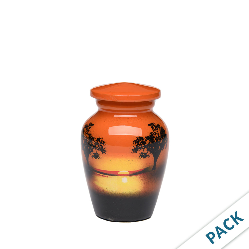 Brass Mini Keepsake Urn for Human Ashes – Sunset Memorial Cremation Urn with Tree of Life Landscape, Memorial Gift, 3 Cu.In  , Pack of 10