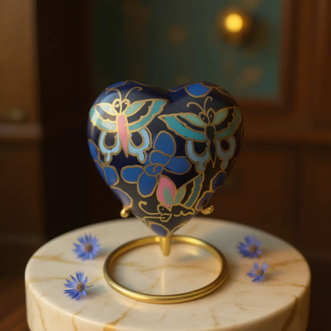 SOULURNS Butterfly Heart Keepsake Urn for Human Ashes – Navy Blue Cloisonné Memorial Urn with Gold Display Stand