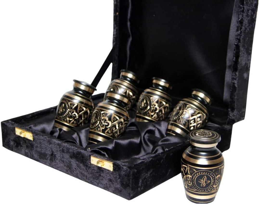 Black Cremation Urns for Ashes | Set of 6 Mini Keepsake Urns in Velvet Box