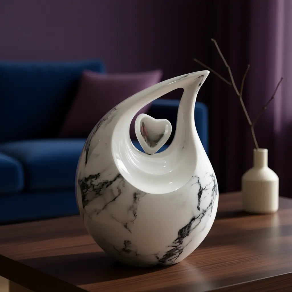 SOULURNS White Marble Teardrop Cremation Urn – 200 lbs Large Adult Memorial Urn with Silver Heart Accent