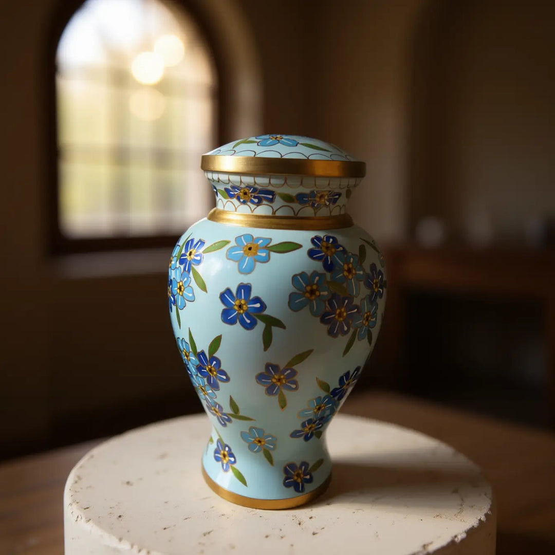 SOULURNS Blue Floral Hand-Painted Cloisonné Cremation Urn for Human Ashes – Elegant Forget-Me-Not Flower Memorial Urn with Gold Trim, Large Adult Funeral Urn