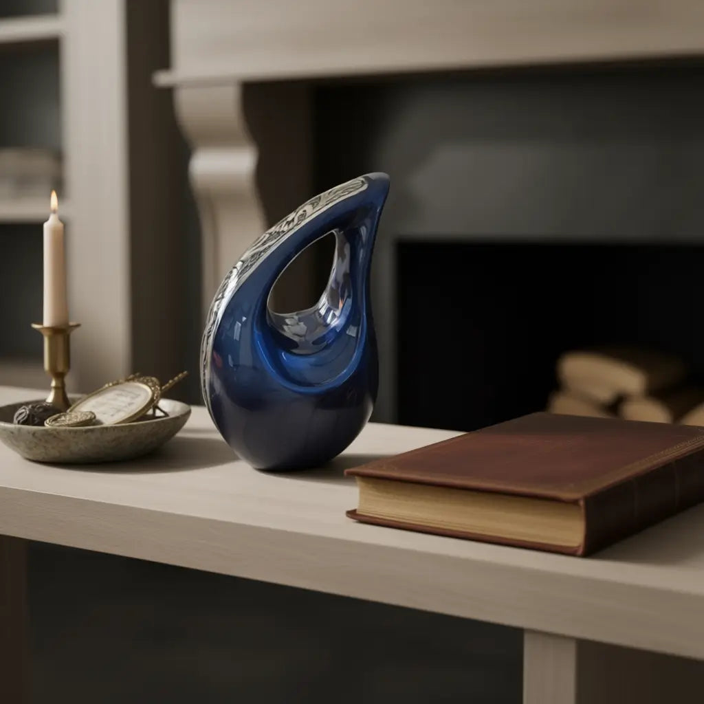 SOULURNS Teardrop Keepsake Cremation Urn – Small Memorial Urn for a Portion of Ashes, Blue Enamel with Silver Embossed Detail, 40ml
