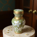 Load image into Gallery viewer, SOULURNS Mini Cremation Urn for Ashes – Sage Green Floral Cloisonné Token Urn with Gold Trim, Small Keepsake Urn for Sharing Ashes, Hand-Painted Enamel, Includes Velvet Pouch