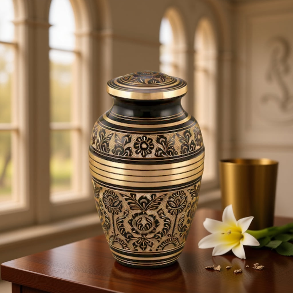 SOULURNS Adult Cremation Urn for Human Ashes – Handcrafted Brass Urn with Black Enamel Floral Engraving, Antique Gold Finish, 26.7cm Large Urn for Ashes Men Women, Holds Up to 3.4L / 95kg (209 lbs), Traditional Decorative Memorial Urn