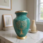 Load image into Gallery viewer, SOULURNS Tree of Life Cremation Urn for Human Ashes Adult – Large 3.4L Memorial Urn, Teal &amp; Gold, Engraved Tree Design, Funeral Urn for Ashes Men Women, Fits Up to 90 kg, Premium Aluminum