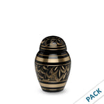 Load image into Gallery viewer, Mini Cremation Urn for Human Ashes –  Black &amp; Gold Finish with Engraved Feather Design – 3 Cu In, Set of 10