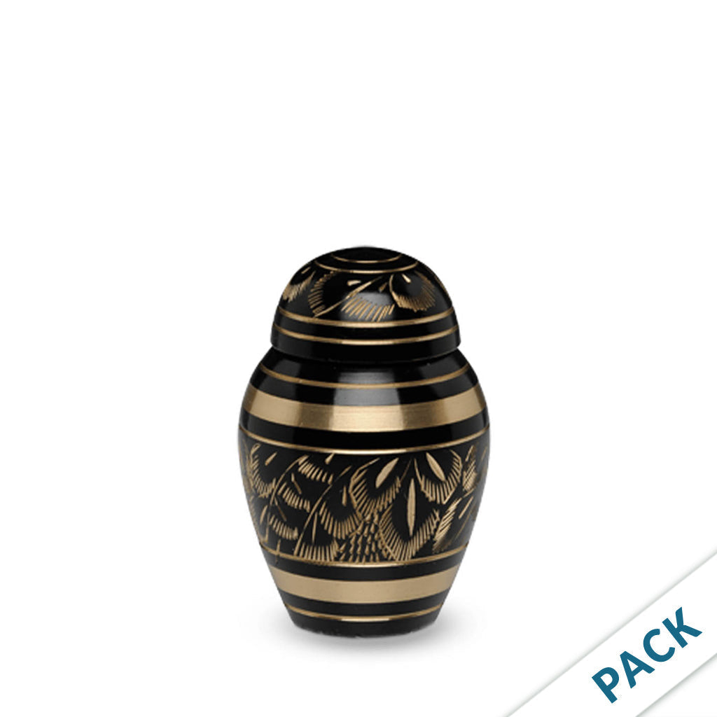 Mini Cremation Urn for Human Ashes –  Black & Gold Finish with Engraved Feather Design – 3 Cu In, Set of 10
