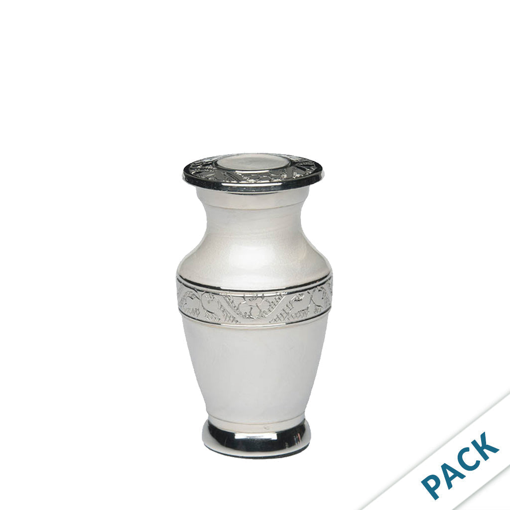 Mini Cremation Urn for Human Ashes - Ivory White Finish with Engraved Silver Chrome Bands – 3 Cu In, Set of 10
