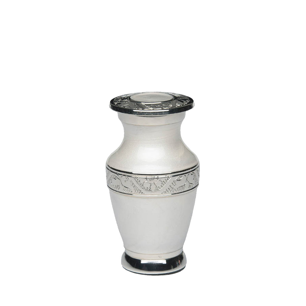 Mini Cremation Urn for Human Ashes - Ivory White Finish with Engraved Silver Chrome Bands – 3 Cu In, Set of 10
