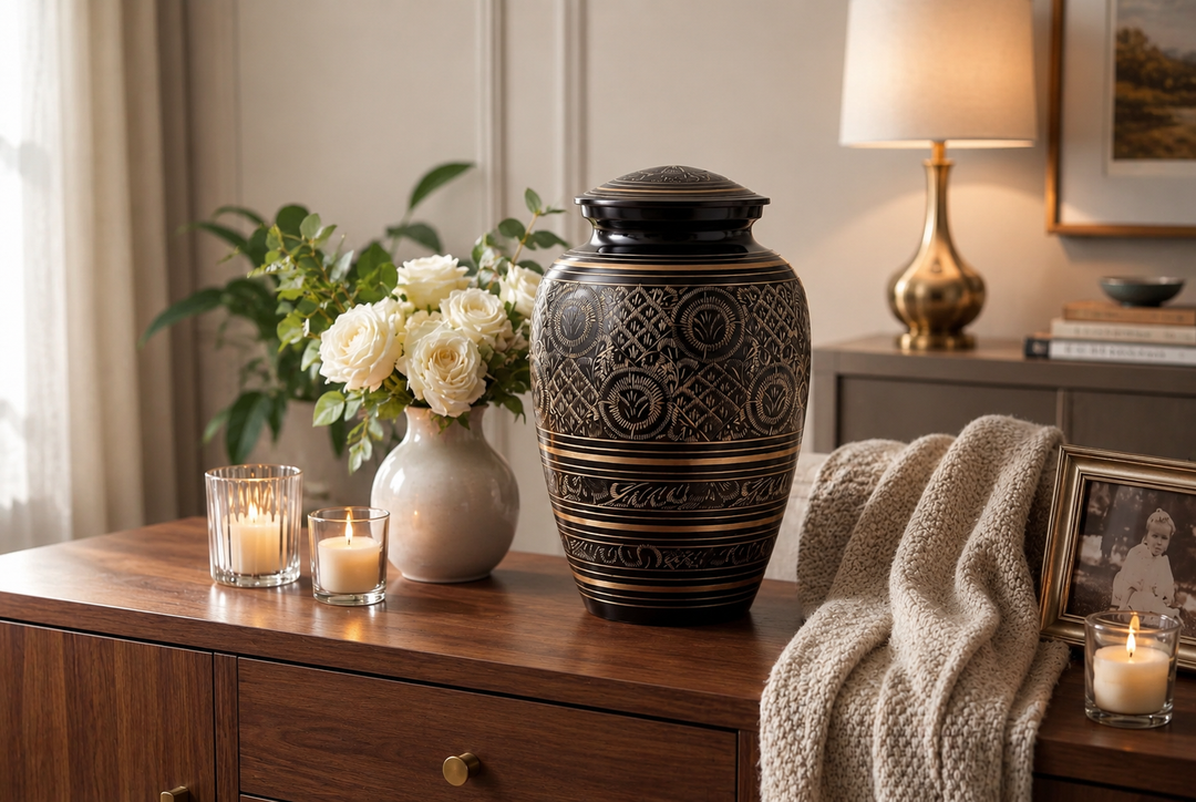 Black Radiance brass urn with velvet ba