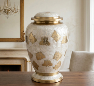 SOULURNS Pearl White Brass Cremation Urn for Human Ashes with Golden Butterfly – Adult Memorial Funeral Urn, 200 Cubic Inches, Velvet Bag Included