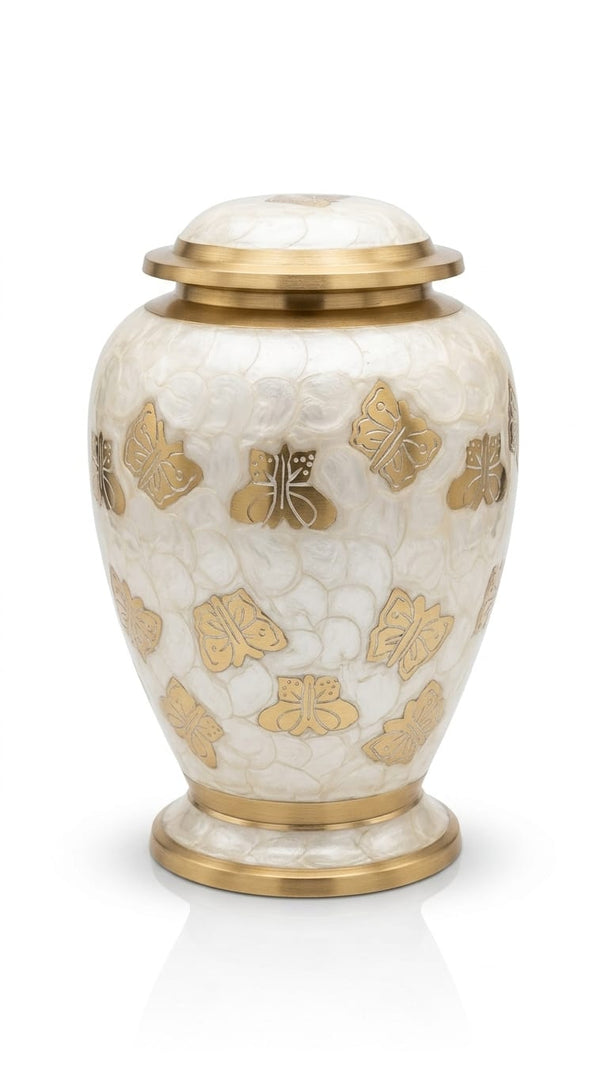 SOULURNS Pearl White Brass Cremation Urn for Human Ashes with Golden Butterfly – Adult Memorial Funeral Urn, 200 Cubic Inches, Velvet Bag Included