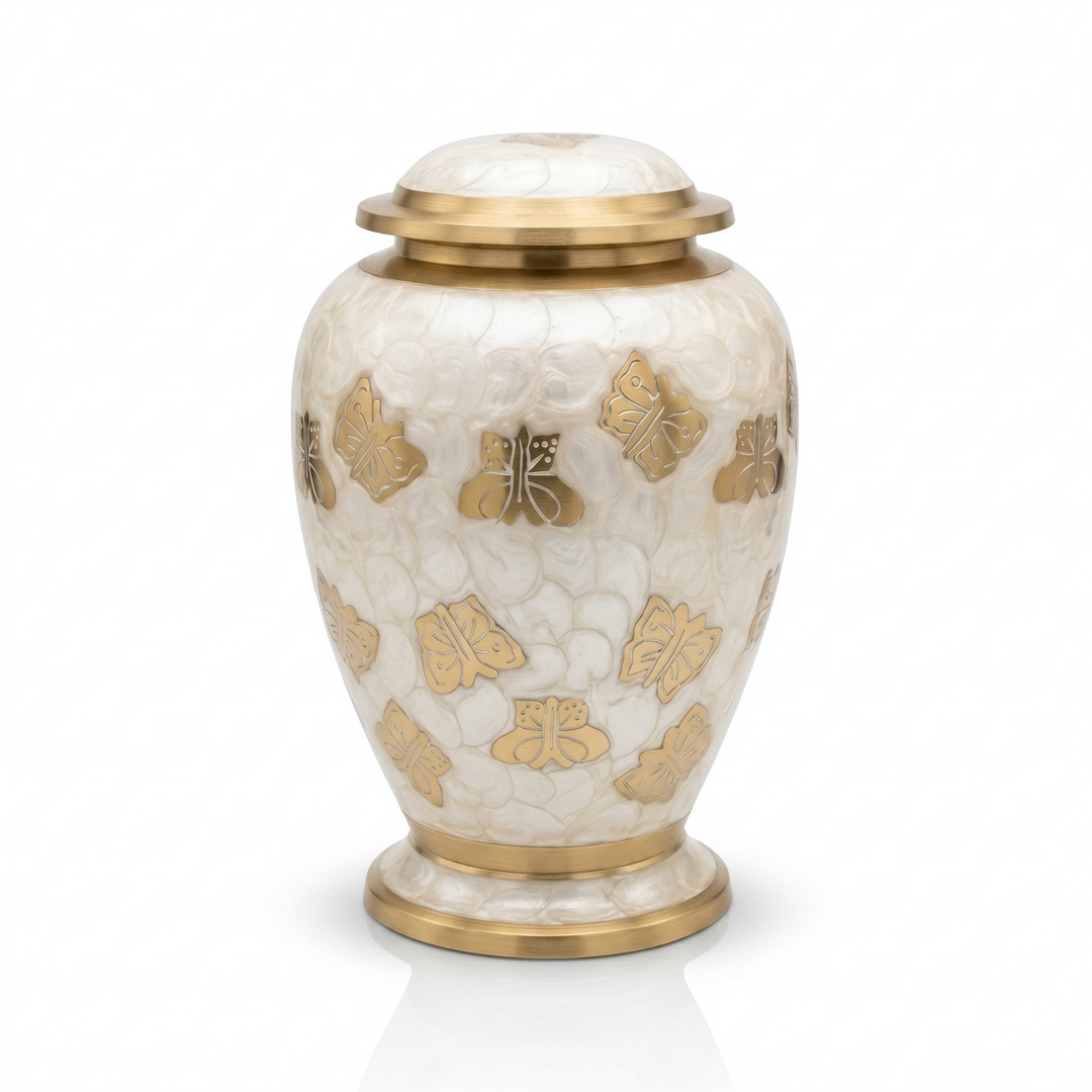 SOULURNS Pearl White Brass Cremation Urn for Human Ashes with Golden Butterfly – Adult Memorial Funeral Urn, 200 Cubic Inches, Velvet Bag Included