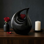 Load image into Gallery viewer, SOULURNS Large Teardrop Cremation Urn for Human Ashes – 2.9 Liter Adult Memorial Urn, Solid Aluminium, Black Enamel Finish with Red Heart Accent, Elegant Keepsake Urn for Home Display