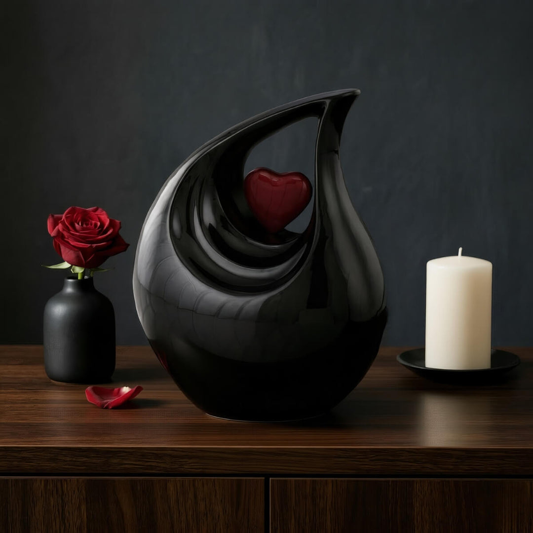 SOULURNS Large Teardrop Cremation Urn for Human Ashes – 2.9 Liter Adult Memorial Urn, Solid Aluminium, Black Enamel Finish with Red Heart Accent, Elegant Keepsake Urn for Home Display