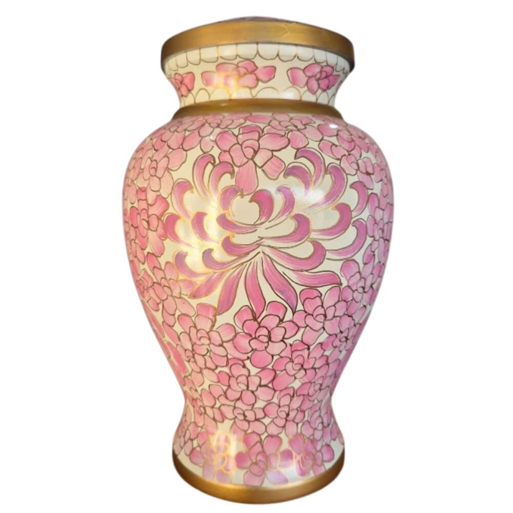 SOULURNS Pink Chrysanthemum Cloisonné Cremation Urn for Human Ashes – Handcrafted Brass Floral Memorial Urn with Gold Trim, Large Adult Funeral Urn