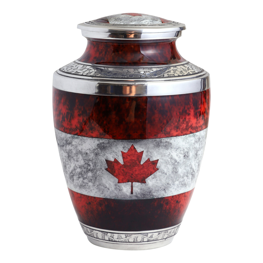 Canadian Flag Cremation Urn for Human Ashes – Aluminium Memorial Urn with Velvet Bag, Holds 200 Cu In